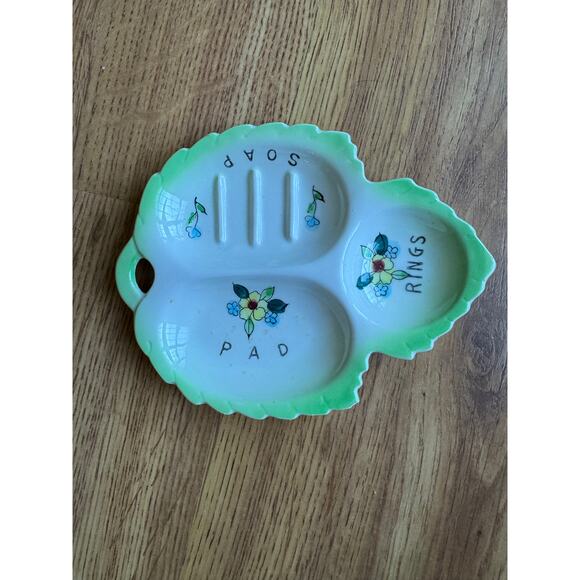 Ceramic leaf multi-purpose dish with three sections labeled SOAP RINGS PAD Japan - Picture 1 of 5